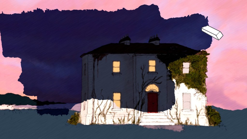 If Found. An eraser on screen peels away sunset into nightfall on an old, decrepit house covered in vines and moss.