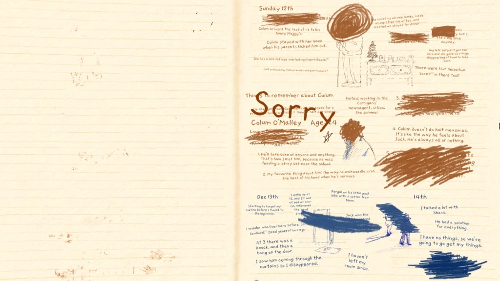 If Found. A journal page, with significant sections scratched out or marked over. You can clearly read the dates Sunday 12th, Dec 13th, and 14th, the name Colum O'Malley, and the word Sorry.