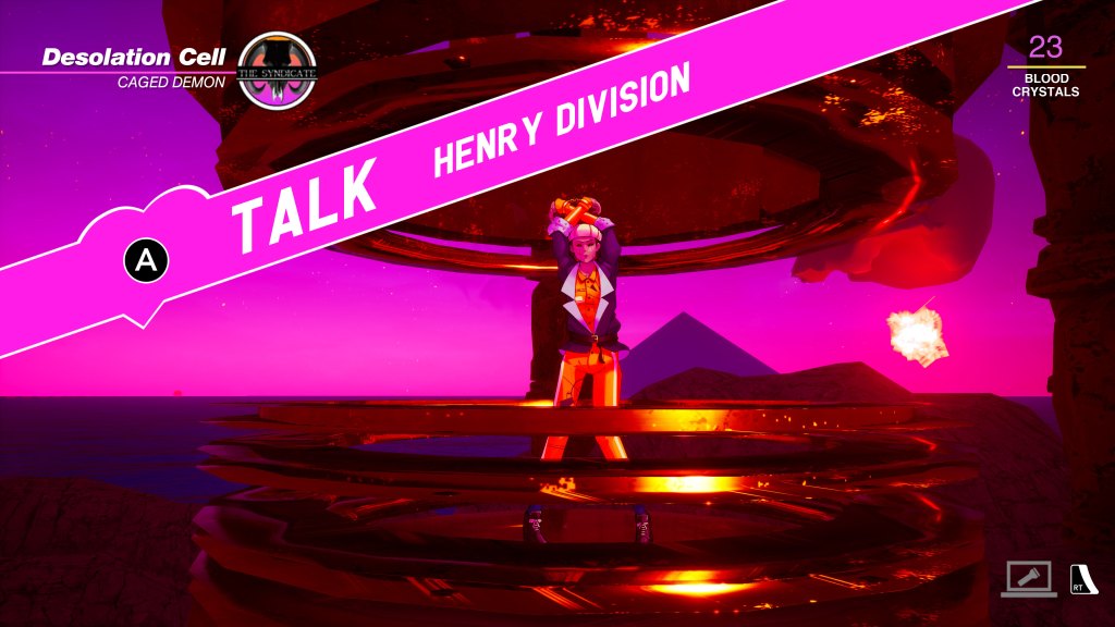 Paradise Killer. The game offers the A button to talk to Henry Division, a man possessed by a caged demon, bound in the Desolation Cell.