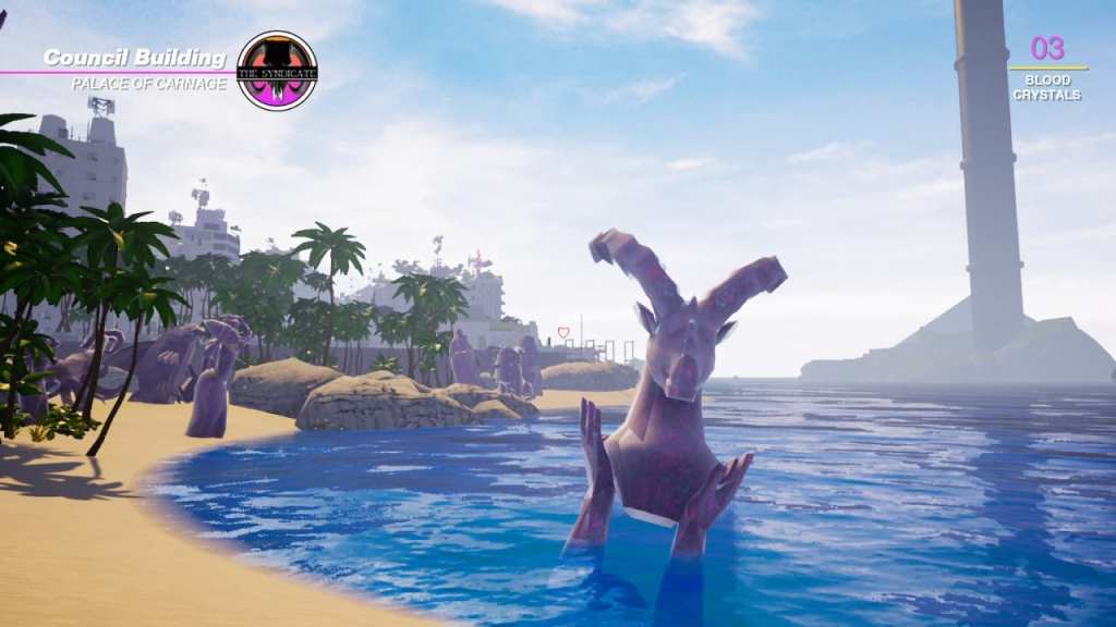 Paradise Killer. A beach coastline with apartment complexes and a tall spire in the background. Statues of purple marble depict goat heads and other pagan iconography.