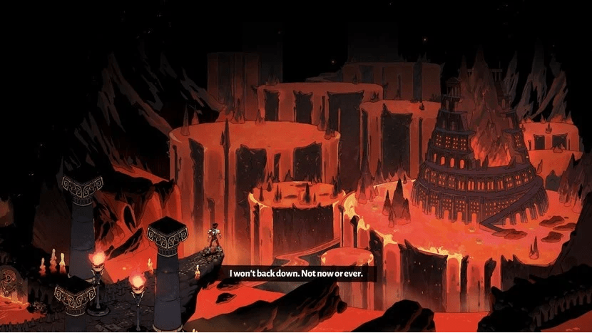 Hades. Zagreus looks down on the lava of Asphodel, stating, "I won't back down. Not now or ever."