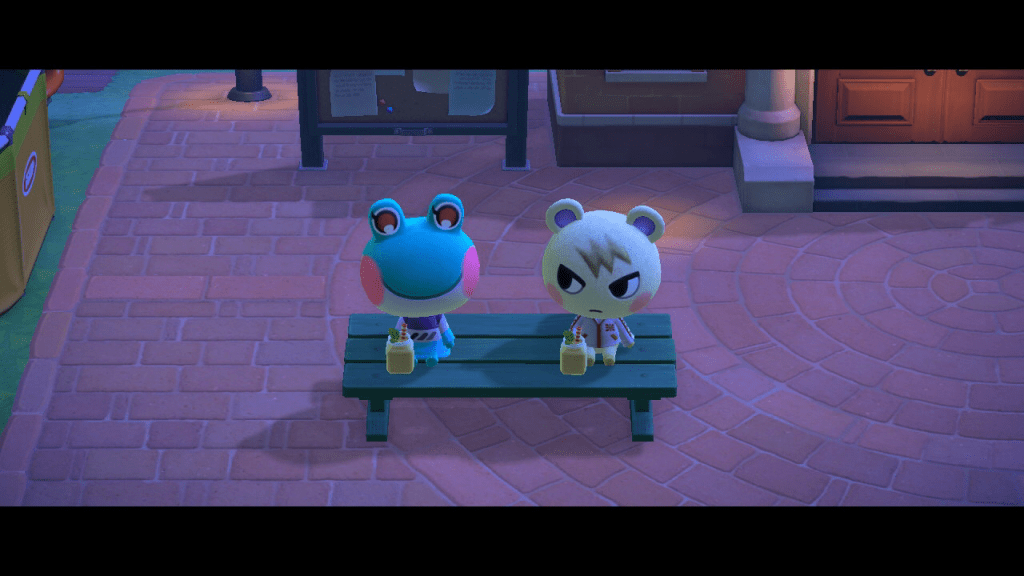 Animal Crossing New Horizons: Marshal and Lily sit on a bench, drinking juice.