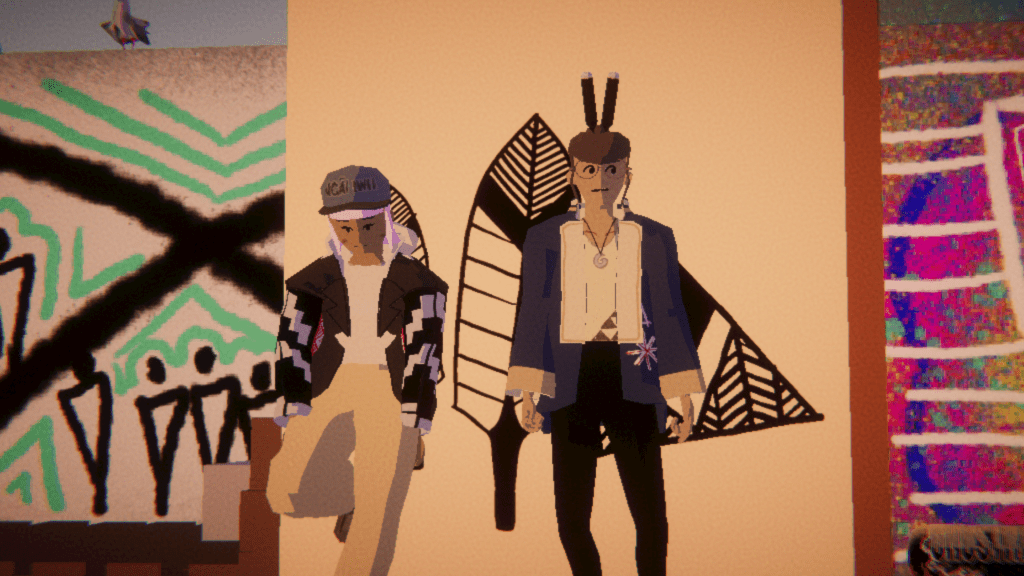 Screenshot from the first level of Umurangi Generation (2020.) Two of your friends standing in front of walls with graffiti and stencil art.