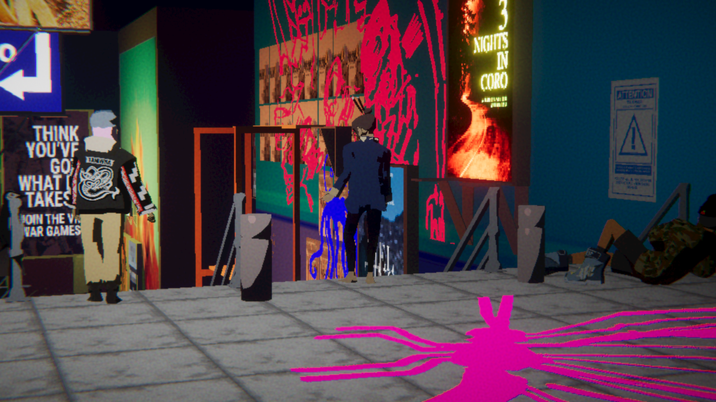 Screenshot from late in Umurangi Generation. Graffiti in a public mall, with a recruitment poster in the background.